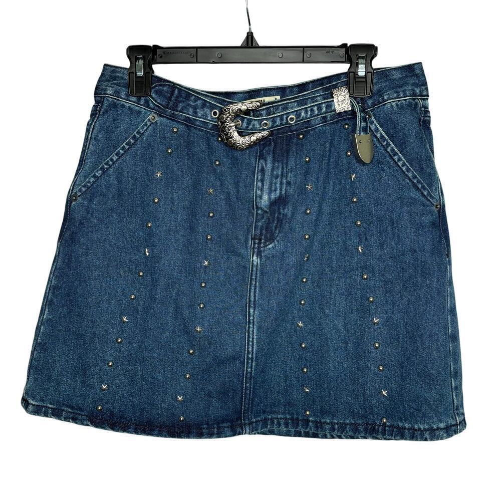 Rock & Roll Denim Studded Silver Western Concert Belt Denim Mini Skirt Size 30